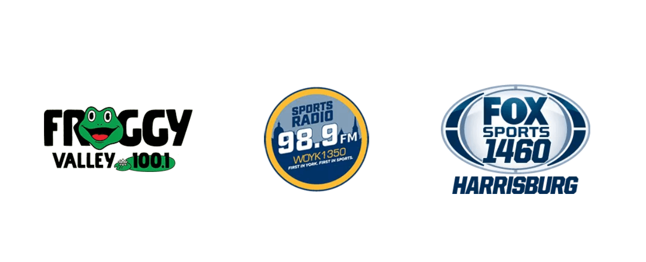 Froggy 100.1, 98.9, and fox sports 1460 wordmarks and logos.