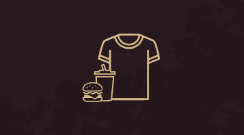 A simple illustration of a hamburger, a large soda, and a t shirt/jersey.