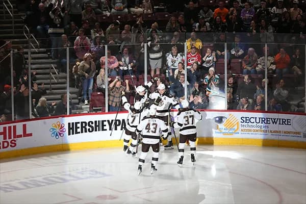 Hershey Bears players celebrating on the ice at GIANT Center.