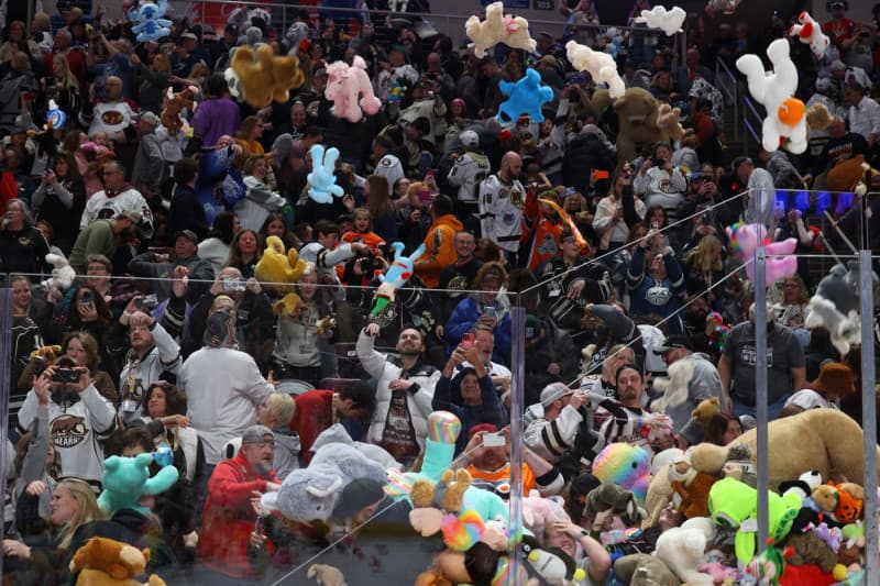 Fans throwing stuffed animals onto the ice rink at GIANT Center.