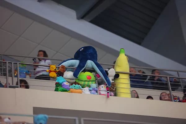 Stuffed animals at a Hershey Bears game.